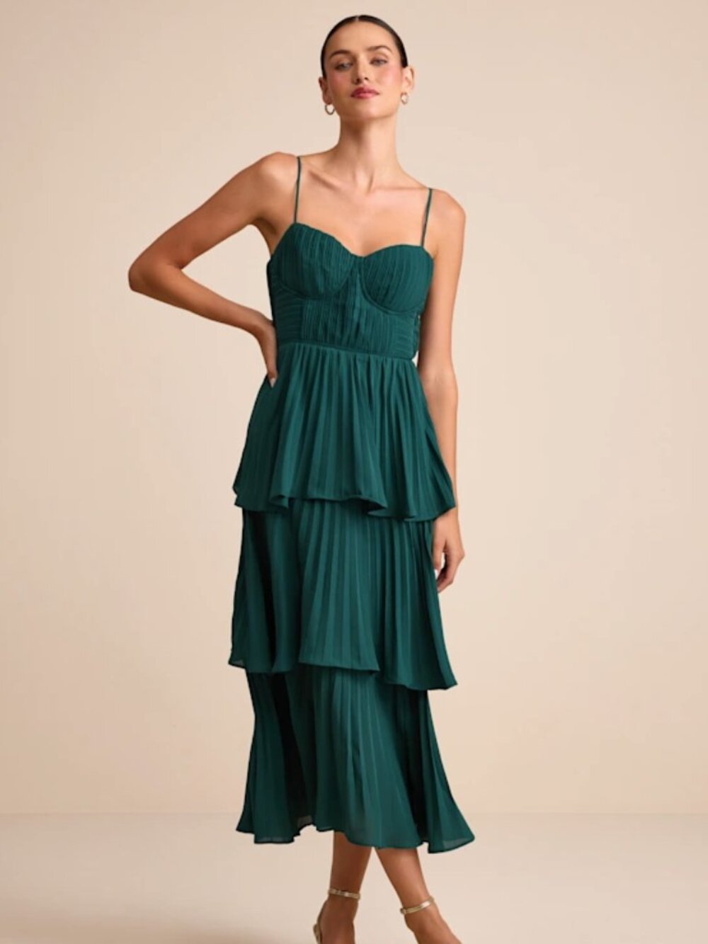 Lulus Cascading Crush Emerald Tiered Bustier Midi Dress